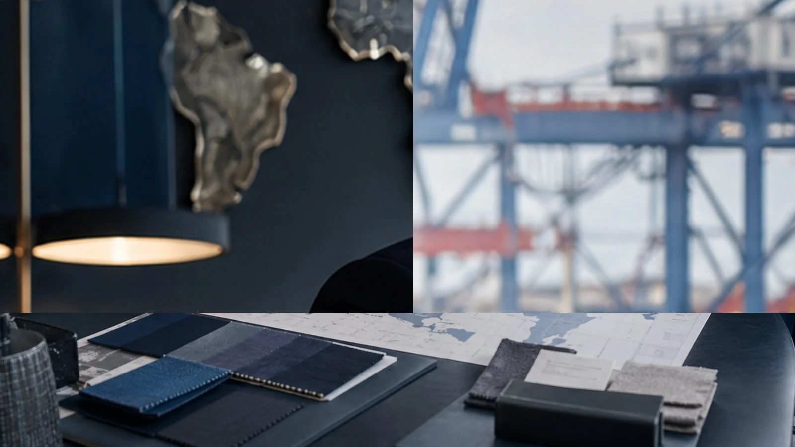 World trade office details, port cranes and sourcing materials with no people