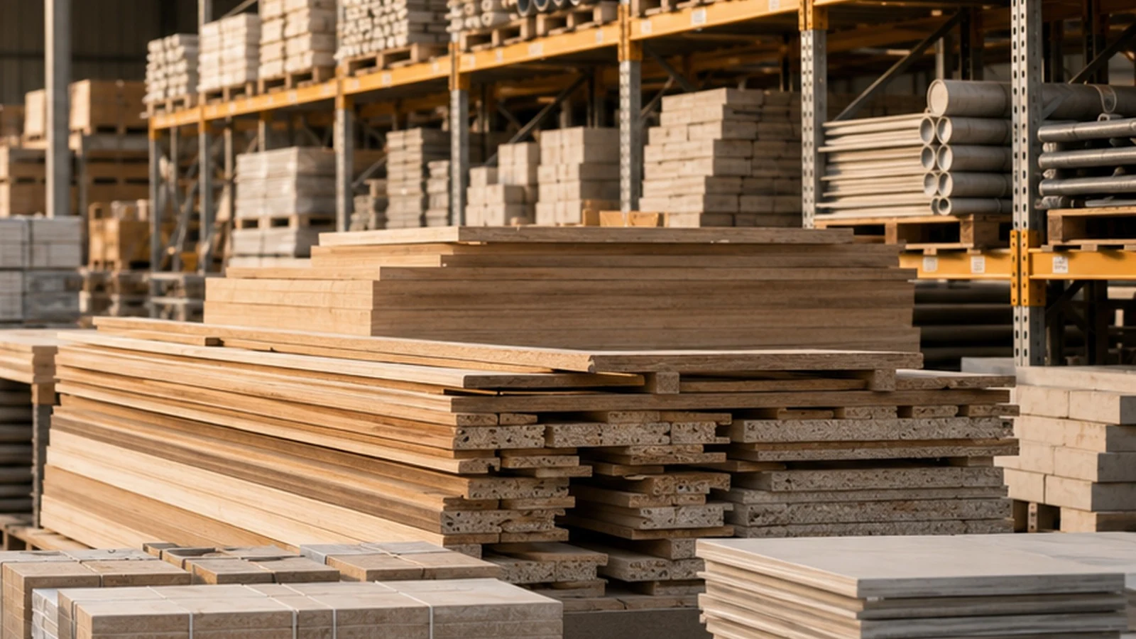 Commercial construction materials yard with timber, steel, tiles and project supplies