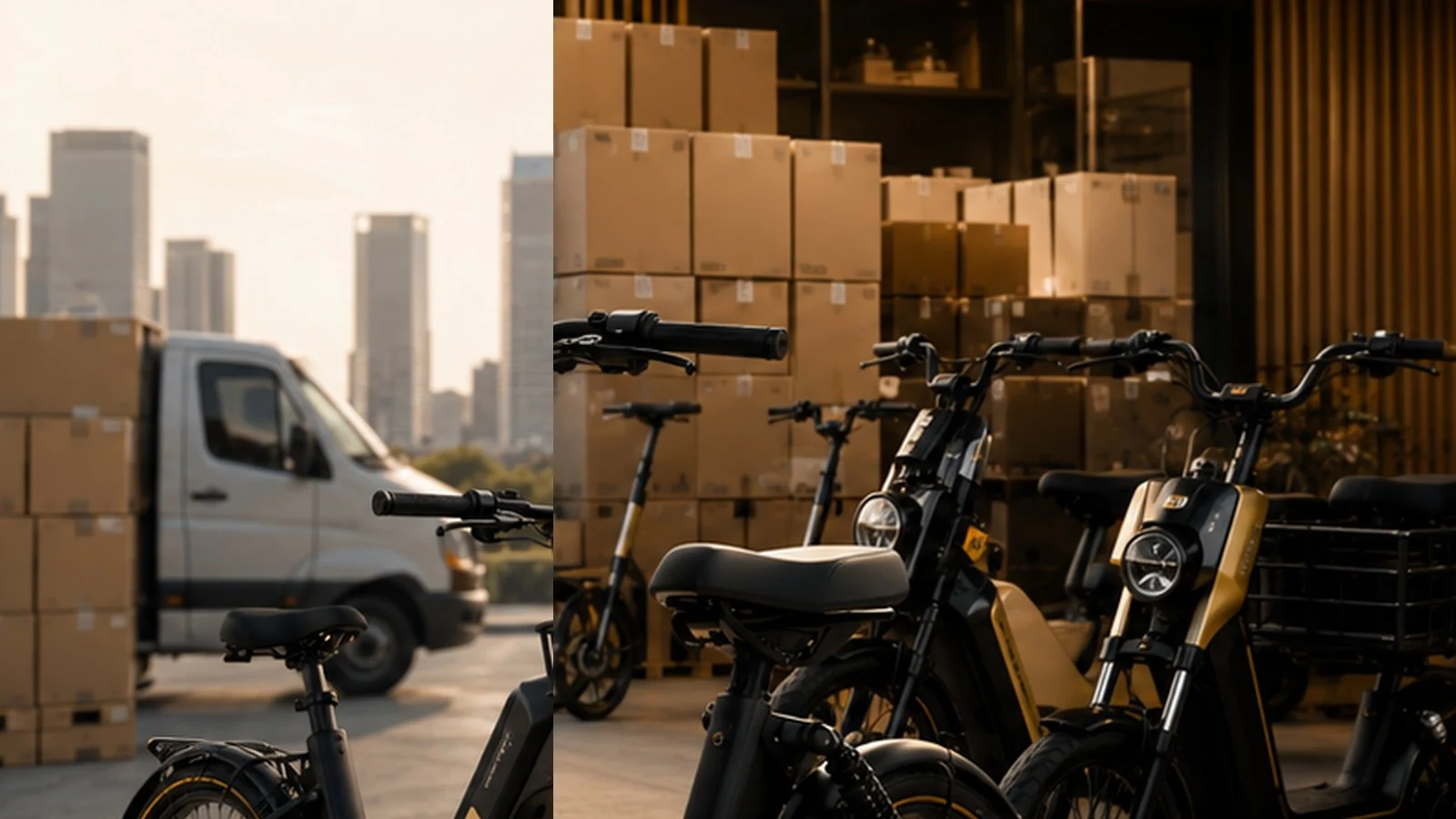 Electric bikes, scooters and boxed fleet equipment in a commercial mobility warehouse
