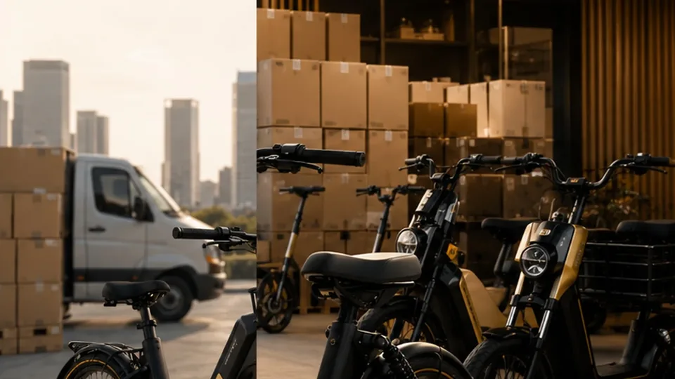 Electric bikes, scooters and boxed fleet equipment in a commercial mobility warehouse