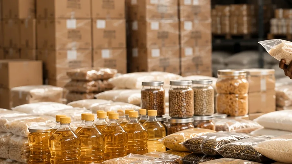 Bulk grains, pulses, edible oils and packaged staples in a wholesale food warehouse