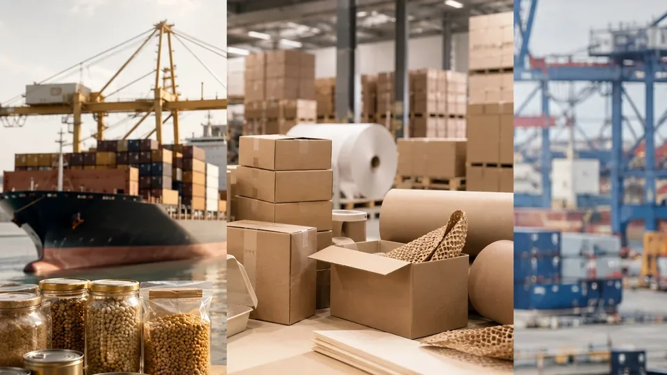 Cargo port, warehouse packaging and logistics infrastructure representing trade services
